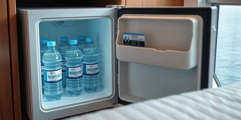 mini fridge with water bottles