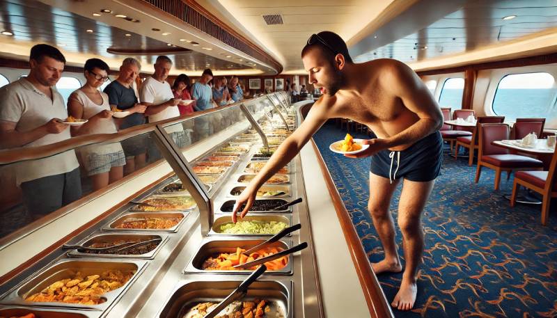 person touching food in cruise line buffet