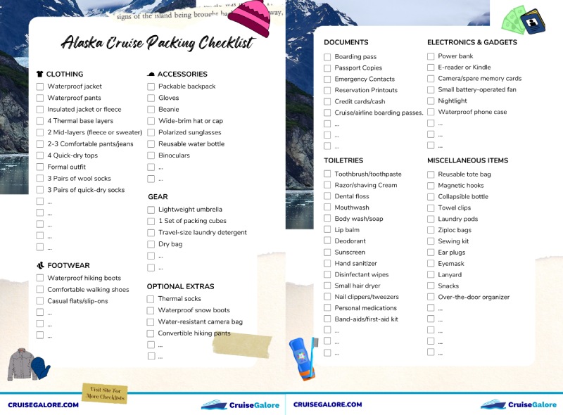 Alaska Cruise Checklist Printable (PDF)