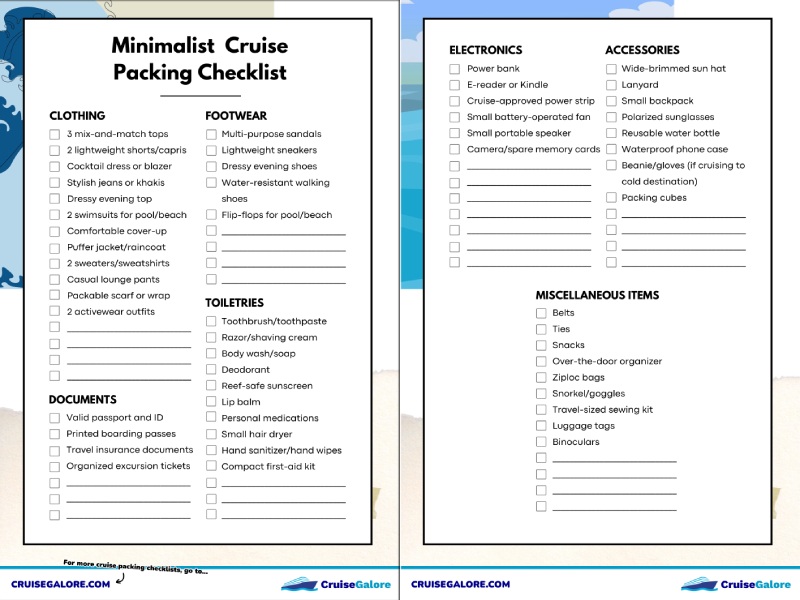 Printable Minimalist Cruise Packing Checklist for a 7-Day Caribbean Cruise (PDF)